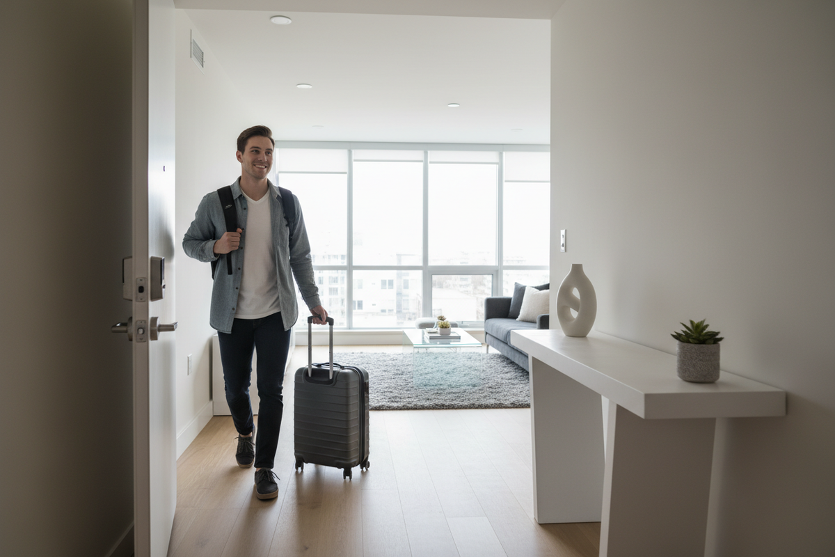 生成一张北美常见的租客带着行李走进Airbnb 高级公寓准备 入住场景